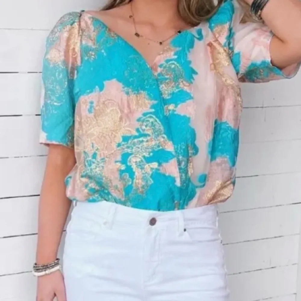 Buddy Love Turquoise Pink Gold Floral Satin Blouse - Picture 4 of 6